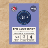 A nutritious dog food for puppies from Growler and Prowler, packed with essential vitamins and minerals. The bag shows the ingredients, the brand logo, and the "Puppy" label.